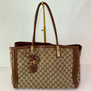 Gucci Medium Bella Tote W Brown & Tan GG Logo Canvas And Braided Leather Trim